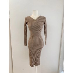 Vintage Long Sleeve Knitted Retro V-neck Dress