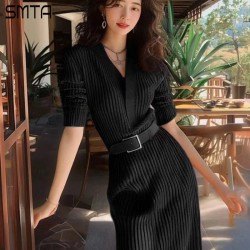 Knitted Sweater V-Neck Long Sleeve Belted Dress