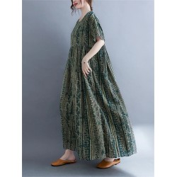 Oversized Vintage Cotton Linen Striped Dresses Casual Fashion