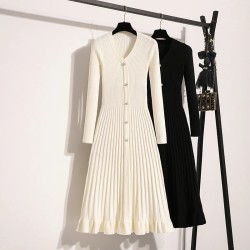 Solid Knitted Sweater Office Ladies V Neck Long Sleeve Dresses