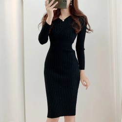 Vintage Long Sleeve Knitted Retro V-neck Dress
