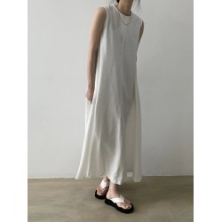 Cotton Linen Sleeveless Women's Long Dresses Solid O-Neck Style