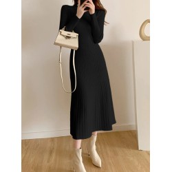 Long Sleeve Party Midi Knitted Half High Collar Knitted Sweater Dresses