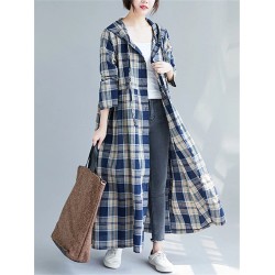 Casual Hooded Trench Coat Long Sleeve Single Breasted Plaid Cotton Office Lady Dress