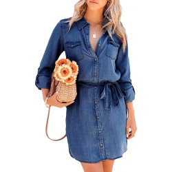 Long Sleeve Denim Long Pocket Button Shirt Print Dress