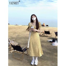 Vintage Yellow Floral Printing  Fashion Midi Dress