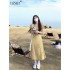 Vintage Yellow Floral Printing  Fashion Midi Dress