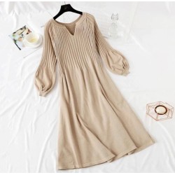Retro girlchic knitting v-neck long sleeve basic dress