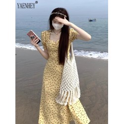 Vintage Yellow Floral Printing  Fashion Midi Dress