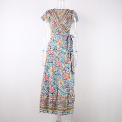 Vintage Print Sash Lace Up Elegant Party Long Beach Maxi Dress