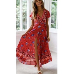 Vintage Print Sash Lace Up Elegant Party Long Beach Maxi Dress