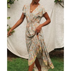 Floral Print Long Dress Boho Irregular Hem Sashes Gypsy Maxi Dress