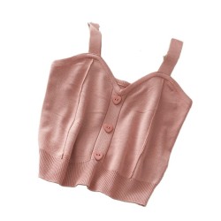 Women Knitted Crop Tops Button Up V-Neck Sleeveless Straps