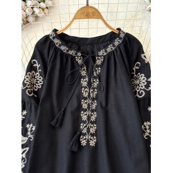 Embroidered Loose Blouse Lace-up Collar Lantern Sleeves Fashion Tops
