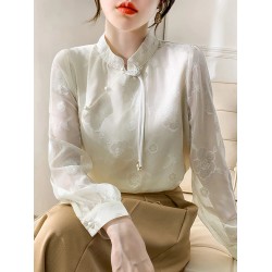 Shirts Blouses Stand Collar Chinese Style Long Sleeve Chiffon