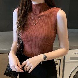 Solid Slim Thin Sleeveless Knit Sweater High Neck Shirt
