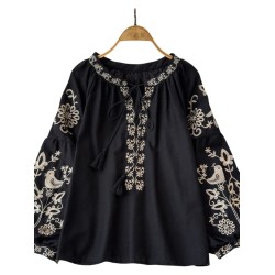Embroidered Loose Blouse Lace-up Collar Lantern Sleeves Fashion Tops