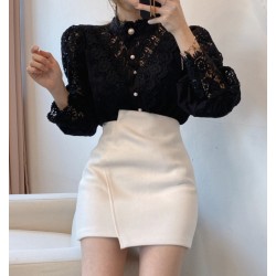 Chic Hollow Out Flower Lace Shirt Stand-Collar All-Match Summer Blouses