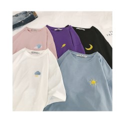 Cotton Cloud Lightning Sun Vintage Embroidered Streetwear Short Style Top
