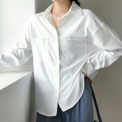 Style White Shirts for Women Turn-down Collar Pockets Blouse Tops