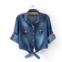Casual Cropped sleeves Shirt Denim Shirts