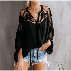 Chiffon Mesh Lace Blouse Tops Black Lantern Long Sleeve