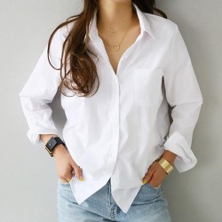 Spring One Pocket White Shirt Female Blouse Tops Casual Turn-down Collar