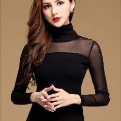 Blouse Shirt Black White Sexy Long Casual Long Sleeve Lace Elastic Tops