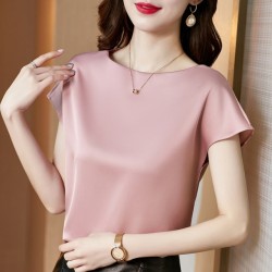 Office Lady Tops Short Sleeve Blouses Satin Blouse