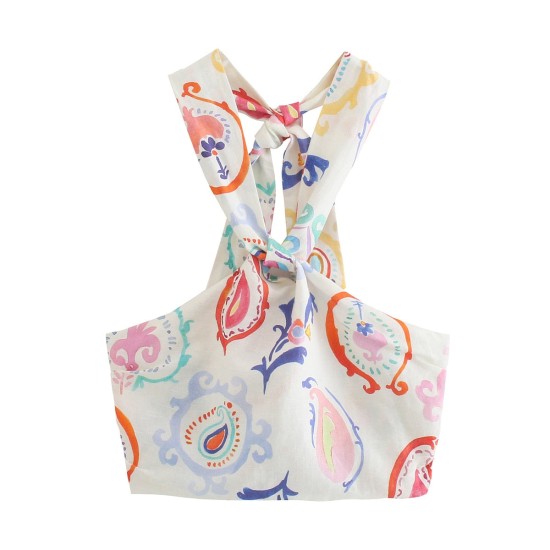 Printed Crop Top Elastic Bust Casual Chic Lady Halter Top Printed Crop Top Elastic Bust Casual Chic Lady Halter Top