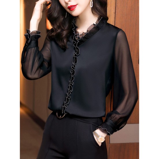 Ruffles Chiffon Shirts Women's Clothing Office Lady Long Sleeve Ruffles Chiffon Shirts Women's Clothing Office Lady Long Sleeve