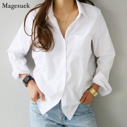 Long Sleeve Ladies Tops Blouses Plus Size Button Casual Cotton White Shirt