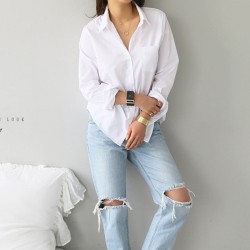 Long Sleeve Ladies Tops Blouses Plus Size Button Casual Cotton White Shirt