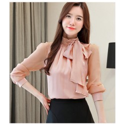 Fashion Tunic Blouse Shirts Long Sleeve Tie Bow Chiffon Turtleneck Formal