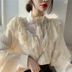 Loose Clothes Lace Up Ruffled Ladies Tops Vintage Lace Shirts