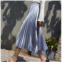 Metal Color Pleated Skirt Elastic High Waist Midi Chic Skirts