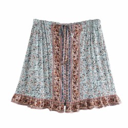 Floral Printed Bohemian Rayon Cotton Elastic Waist Mini Boho Skirts