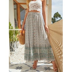 Vintage Floral Print Summer High Waist Breasted Split Skirt Rayon