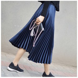 Metal Color Pleated Skirt Elastic High Waist Midi Chic Skirts
