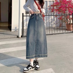 Jean Skirt High Waist Retro A- line Skirt Mid-Length Denim Streetwear