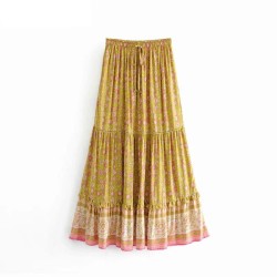 Hippie Beach Bohemian Yellow Floral Print Skirts High Elastic Waist