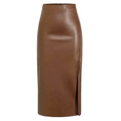 Long Black Leather Skirt With Slit Slim High Waist Office PU Skirts