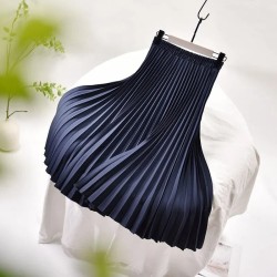 Vintage Pleated Midi Solid Skirt Fashion High Waist