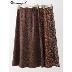 Leopard Print Suede Skirt Long Autumn Vintage A Line Maxi Skirts