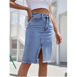 Front Slit Blue Denim Skirt Pockets High Waist Midi Skirts