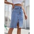 Front Slit Blue Denim Skirt Pockets High Waist Midi Skirts