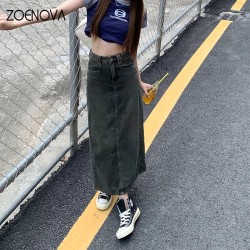 High Waist Midi Denim Skirt Office Ladies Business Casual Fashion
