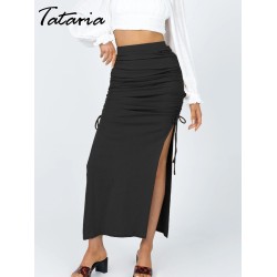 Knitted Skirts with Slits Lace Up Skinny Black High