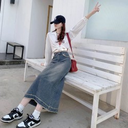 Jean Skirt High Waist Retro A- line Skirt Mid-Length Denim Streetwear