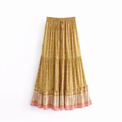 Hippie Beach Bohemian Yellow Floral Print Skirts High Elastic Waist
